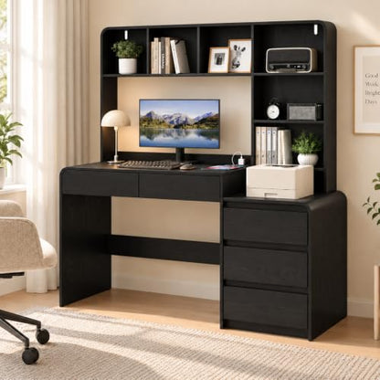 55.1" Computer Desk with Hutch & 4 Storage Drawers,Black, view 4