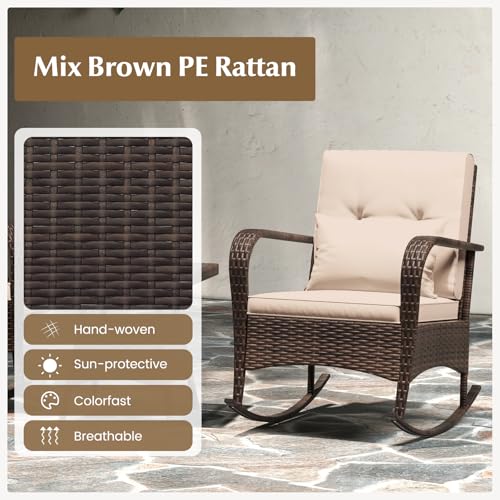 Outdoor Rocking Chairs Set of 2, 3 Piece PE Wicker Patio Bistro Set | Coffee Table & Thick Cushions, Rattan Patio Rocker Furniture for Front Porch Lawn Garden Backyard Deck Poolside (Beige)