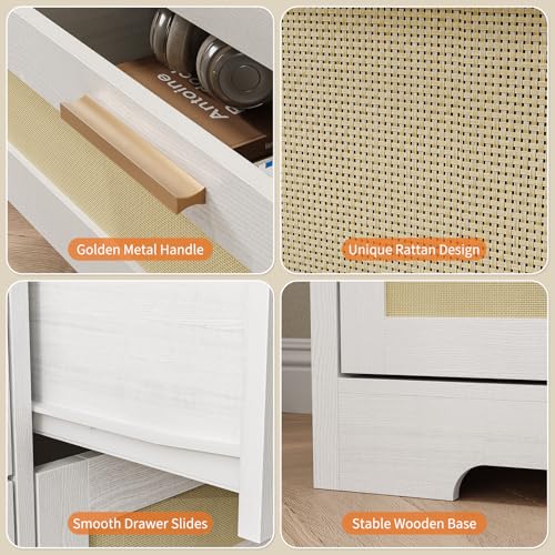 10 Drawer Dresser for Bedroom, 59 in Farmhouse Rattan Dressers & Chests of Drawers, Wooden Storage Organizer with Anti-Tipping Device for Living Room, Hallway, Entryway, White