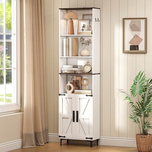 Farmhouse Bookshelf with Storage, 72in Tall Bookcase with Barn Door, view 2
