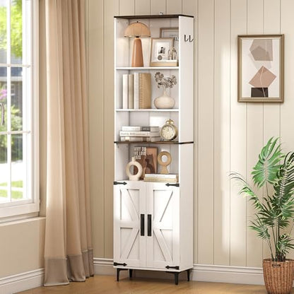 Farmhouse Bookshelf with Storage, 72in Tall Bookcase with Barn Door, view 2