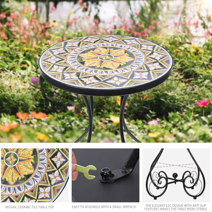 Outdoor Side Table Mosaic Patio Table Accent Tables Mosaic Tile Top Metal Frame Small End Tables Porch Beach Patio Garden Balcony Yellow