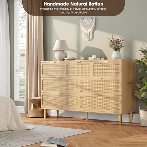 Rattan 7 Drawer Dressers for Bedroom, Tall Dresser with Deep Drawers, Large Chest of Drawers for Closet with Wide Top, Long Wooden Dresser for Living Room, Hallway, Kids Room, Natural