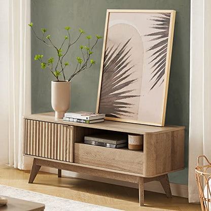 Brooklyn Mid-Century Modern TV Stand, for TVs up to 50” / 59" Waveform Panel, Sleek Curved Profile with Adjustable Shelf and Sturdy Box Frame Leg (Golden Oak, 47")
