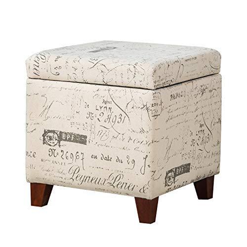 Fabric Script Pattern Cube Storage Footstool, Hinged Lid, Solid Wood Legs, 18" Height Ottomans & Storage Ottomans, Cream White