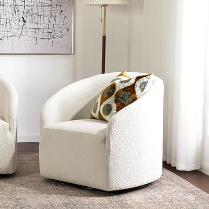 32" Wide Modern Boucle Swivel Barrel Chair, No Assembly Round Upholstered Swivel Accent Armchair for Living Room, Bedroom, Office (White)