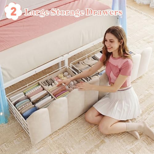 Queen Size Canopy Bed Frame with 2 Drawers and LED & Charging,White, view 5