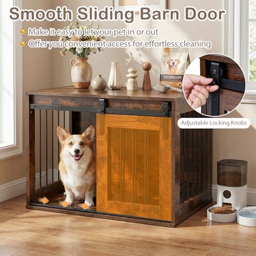 Farmhouse Wooden Dog Crate Furniture with Sliding Barn Door, view 6