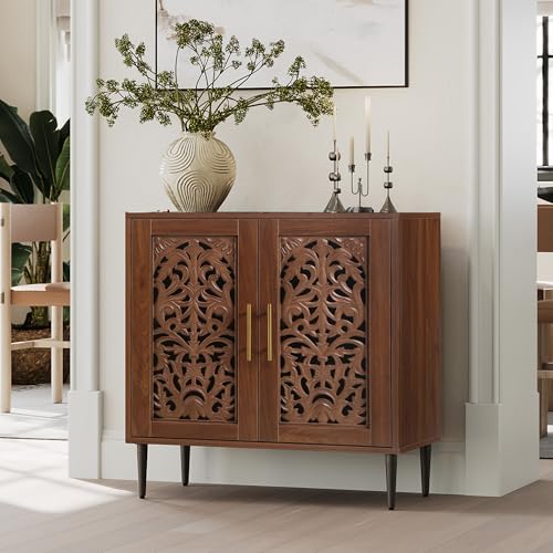 Accent Cabinet with 2 Doors, Vintage Hollow Carving Buffet Cabinet, Sideboards and Buffets with Storage, Credenza for Living Room, Kitchen, Dining Room, Entryway, Hallway, Walnut