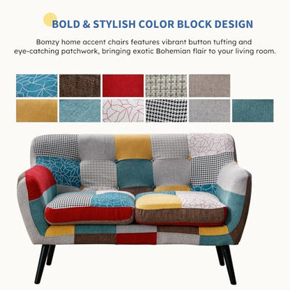 Modern Boho Loveseat Couch Sofa Chair for Living Room Bedroom, Upholstered Colorful Plaid Fabric 2-Seat Love Seat Sofa with Wood Leg for Small Space, One Loveseat
