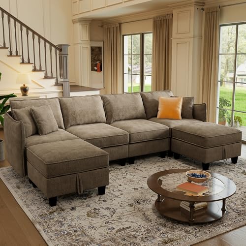 112" Modular Sectional Sofa U Shape Couches with Storage Ottoman and Washable Cushion Cover for Living Room, Bedroom, Apartment(Brown)