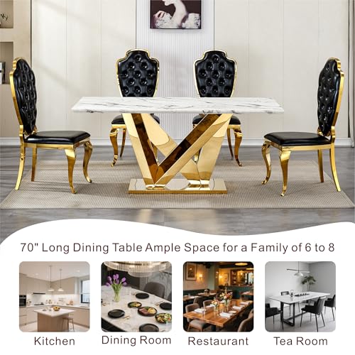 Marble Dining Table for 6 People, 70'' Rectangle Faux Marble Dining Table with Mirrored Stainless Steel Base, Large Size Marble Kitchen Table (Gold,White)(ONLY Table)