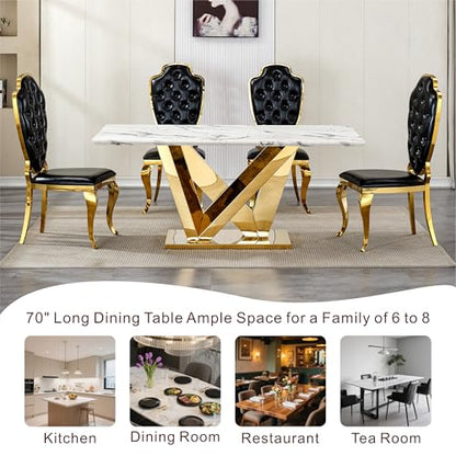 Marble Dining Table for 6 People, 70'' Rectangle Faux Marble Dining Table with Mirrored Stainless Steel Base, Large Size Marble Kitchen Table (Gold,White)(ONLY Table)