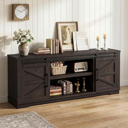 Farmhouse TV Stand, 66'' Wide Media Console with Barn Doors, Brown, view 6