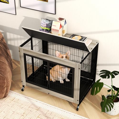 Dog Crate Furniture with Wheels, 38" Modern Dog Cage with 3 Doors, Flip Top Lid, view 4