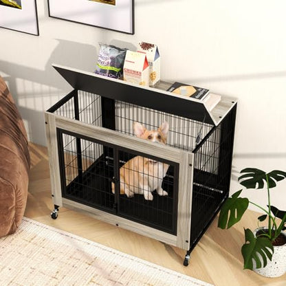 Dog Crate Furniture with Wheels, 38" Modern Dog Cage with 3 Doors, Flip Top Lid, view 4