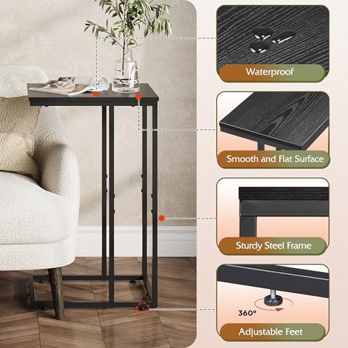 C Shaped End Tables Set of 2, C Black Side Table for Couch, TV Trays Set of 2, Couch Side Tables that Slide Under, Small Side Table, C Table for Sofa, Living Room, Bedroom, Small Space, Brown