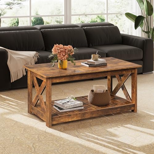 Farmhouse Coffee Table for Living Room, 40.1" Rustic Center Table with X-Frame Support & Storage Shelf, 2-Tier Wood Coffee Tables for Bedroom & Balcony, Rustic Brown
