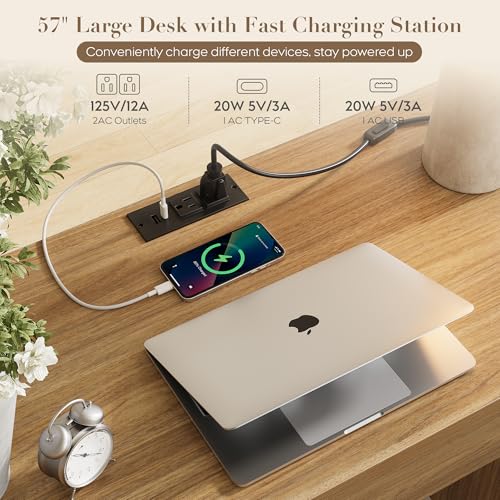 Executive Desk with 5 Drawers, 57" Modern Rattan Home Office Desk with Charging Station, File Drawer, Farmhouse Boho Computer Writing Desk for Study, Work, Walnut Brown