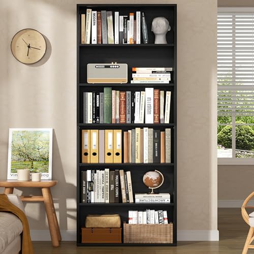 Bookshelf,6-Tier Open Bookcase and Bookshelves,6 Shelf Display Storage Shelves Floor Standing 70.6 inches Tall Bookcase for Home Office, Living Room (Black)