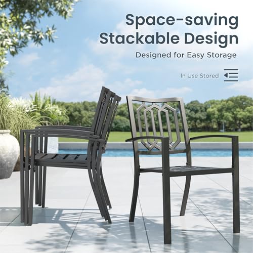 Patio Dining Chairs Set of 2, Stackable&Wrought Iron | Black Stackable Wrought Iron Outside Dining Chairs, All Weather Heavy-Duty Furniture for Patio, Deck, Porch, Backyard