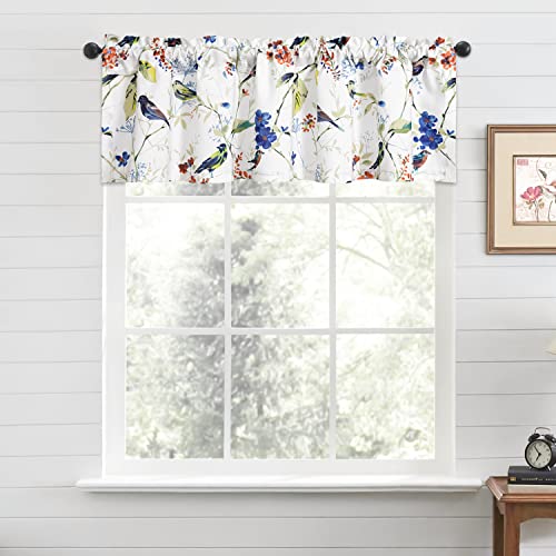 Blue Valance Curtains for Living Room, Linen Textured Bird and Flower Print Window Treatment Rod Pocket Window Valances for Bathroom, 52 x 14, One Piece