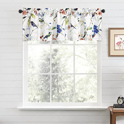Blue Valance Curtains for Living Room, Linen Textured Bird and Flower Print Window Treatment Rod Pocket Window Valances for Bathroom, 52 x 14, One Piece