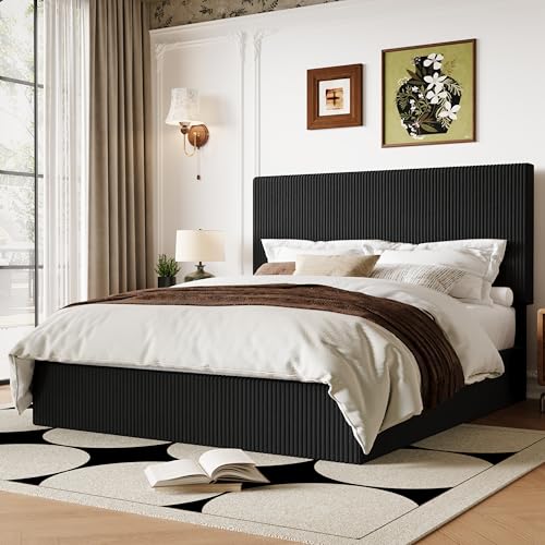 Queen Bed Frame, Adjustable Corduroy Headboard, Platform, Black, view 4