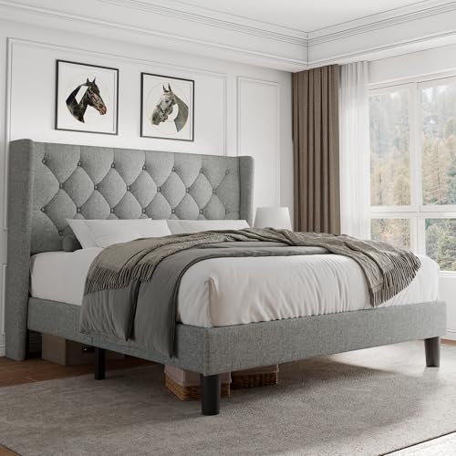 Queen Size Platform Bed Frame with Button Tufted Headboard, view 2