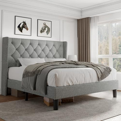 Queen Size Platform Bed Frame with Button Tufted Headboard, view 2