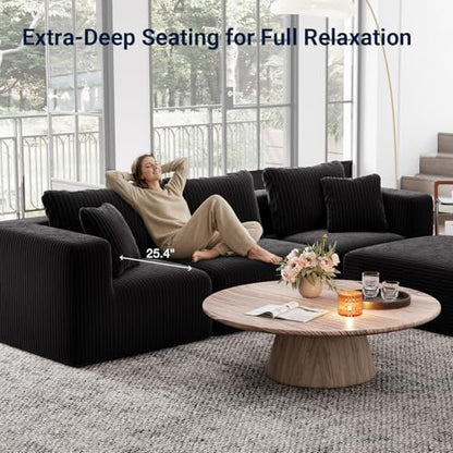 141” 6-Seat Modular Sectional Sofa Couch, Individually Wrapped Coil Support & Corduroy Fabric, Zero Assembly 6-Piece Set for Large Living Room, Black