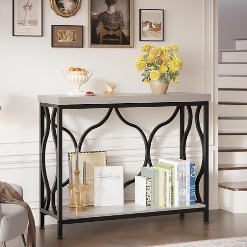 Narrow Entryway Table with Storage, Modern Wood Metal Console Sofa Table Behind Couch Tables, Industrial Narrow Hallway Table for Living Room Home Office Foyer Entry Way Entrance, Grey, 39.4 Inch