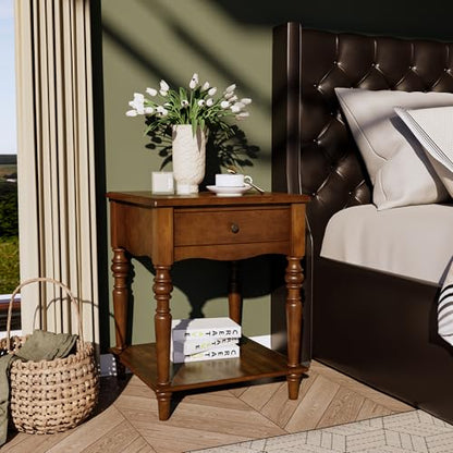 End Table with Drawer and Storage Shelf, Solid Wood Sofa Side Table, Square Beside Table, Telephone Table for Living Room,18.9"L x 18.9"W x 24"H, No-Tools Assembly, Caramel Brown BZ-C008-DR