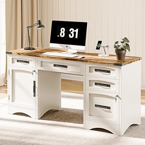55" Farmhouse Executive Desk with Drawers, White, view 2