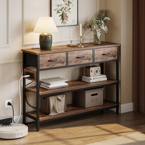 Entryway Table with Outlets, 3 Fabric Drawers, 43 in Console Table | 43.3"W x 11.8"D entry table with 2 outlets, 2 USB ports, swappable plug side, adjustable feet and anti-tip kit.