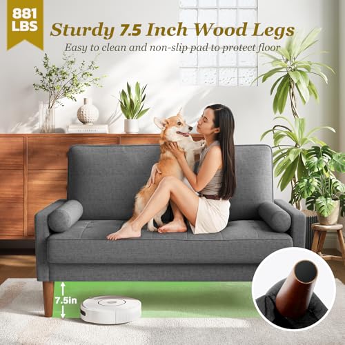 Loveseat Sofa with Solid Wood Legs, 48" Small Couches for Small Spaces, Love Seat for Living Room, Bedroom, Easy Assembly Mid Century Modern Couch with Throw Pillow for Apartment, Grey