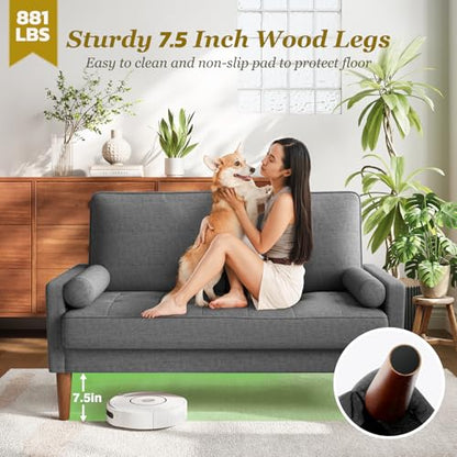 Loveseat Sofa with Solid Wood Legs, 48" Small Couches for Small Spaces, Love Seat for Living Room, Bedroom, Easy Assembly Mid Century Modern Couch with Throw Pillow for Apartment, Grey