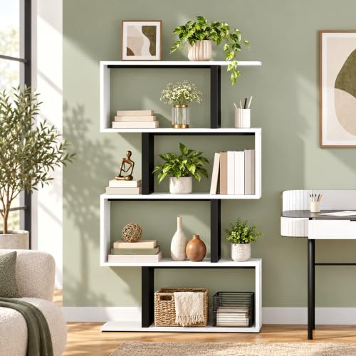5-Tier S-Shaped Bookcase, Modern Display Shelf, Cream White, view 4