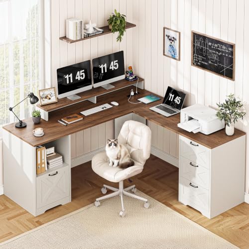 Farmhouse L Shaped Desk with Storage, Monitor Stand for Home Office, view 2