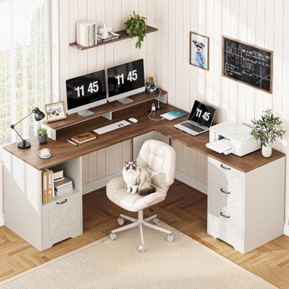 Farmhouse L Shaped Desk with Storage, Monitor Stand for Home Office, view 2