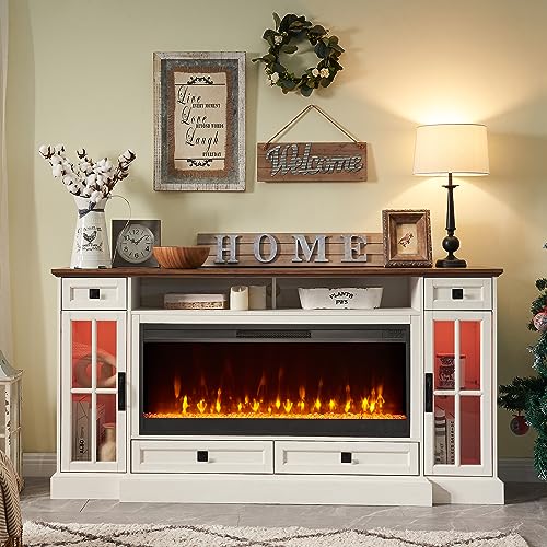 70" Farmhouse Fireplace TV Stand for 80 Inch TV, Antique White, view 4
