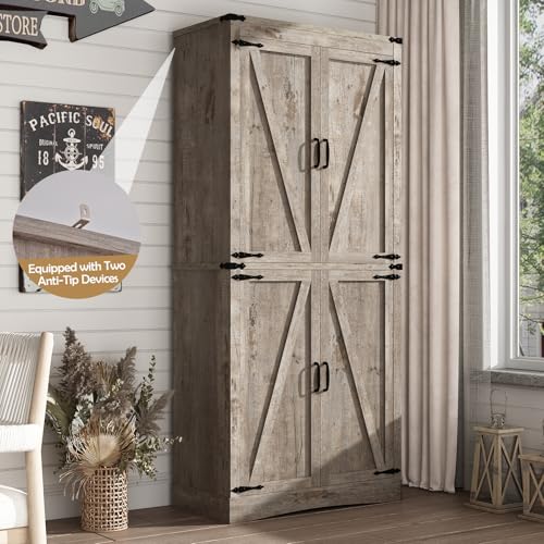 71in Farmhouse Kitchen Pantry Cabinet,Tall Storage Cabinet with 4 Doors and Adjustable shelves,with Load-Bearing Steel Pipe,Wood Storage Cabinets for Kitchen,Dining Room,Bathroom(Light Rustic Oak)