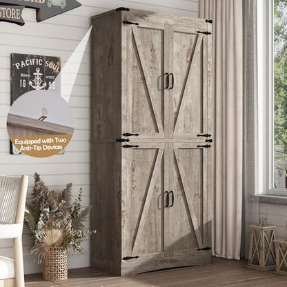 71in Farmhouse Kitchen Pantry Cabinet,Tall Storage Cabinet with 4 Doors and Adjustable shelves,with Load-Bearing Steel Pipe,Wood Storage Cabinets for Kitchen,Dining Room,Bathroom(Light Rustic Oak)
