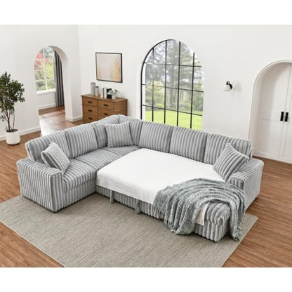 122-Inch Oversized U Shaped Plush Corduroy Fluffy Sectional Sleeper Sofa with Pull Out Bed, Storage Chaise Lounge and USB Charging Port - Gray