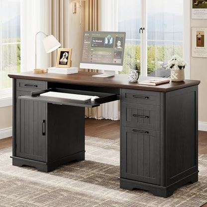 56" Large Executive Desk with Drawers,Modern Farmhouse Home Office Desk with Charging Station, Wood Computer Writing Desk with File Drawer for Study Work Bedroom Living Room Black