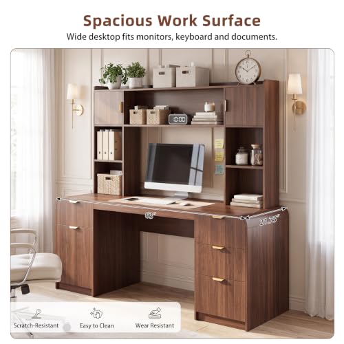 63" Office Desk with Hutch Storage, Computer Desk with 4 Drawers, Walnut, view 5