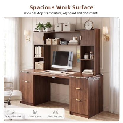 63" Office Desk with Hutch Storage, Computer Desk with 4 Drawers, Walnut, view 5