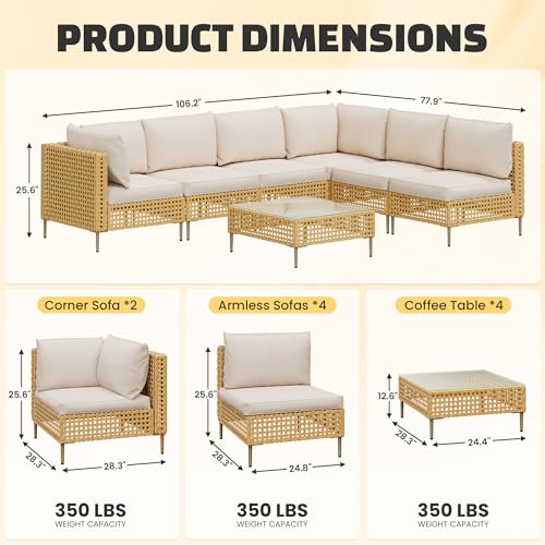 7-Piece Wicker Outdoor Patio Furniture Set, Modular Rattan Outdoor Furniture, Patio Conversation Sets, Handmade Rattan, Water Resistant Fluffy Cushions and Coffee Table, Beige