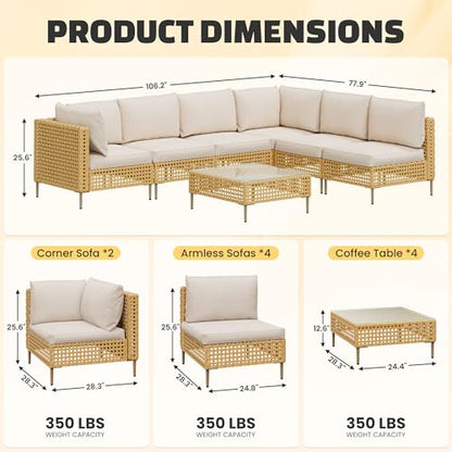 7-Piece Wicker Outdoor Patio Furniture Set, Modular Rattan Outdoor Furniture, Patio Conversation Sets, Handmade Rattan, Water Resistant Fluffy Cushions and Coffee Table, Beige