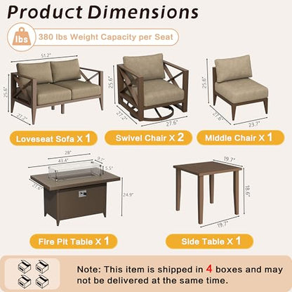 Aluminum Patio Furniture Set with Oversized Fire Pit Table, 7-Piece All-Weather Outdoor Conversation Set with Swivel Rocking Chairs, Oversized Modern Sofa for Backyard, Deck, Balcony-Brown